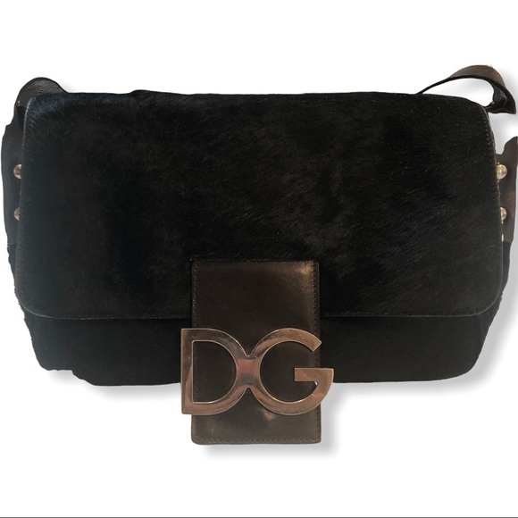 Dolce & Gabbana Handbags - DOLCE & GABBANA Vintage Black Calf Hair DG Logo Baguette…